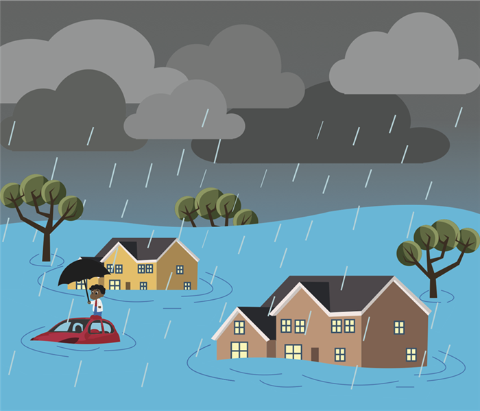 Cartoon showing flooded homes 
